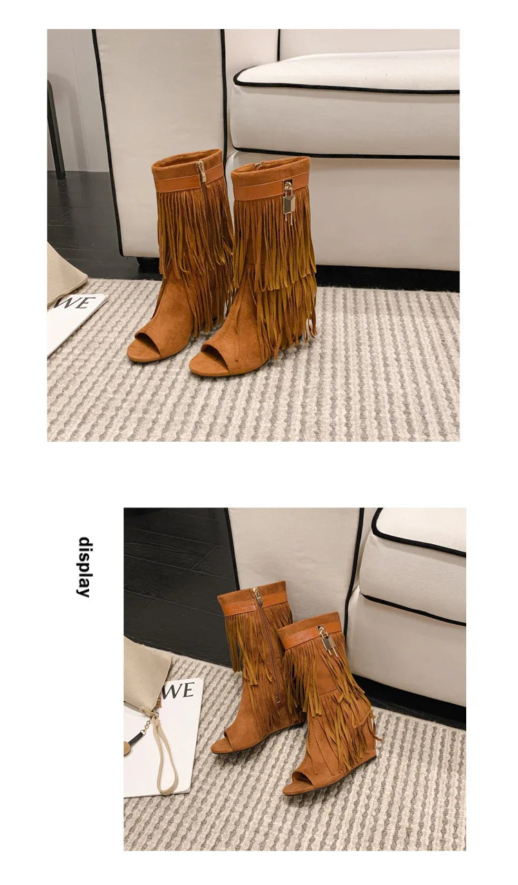 Designer Fringe Wedges Boot Sandals Woman High Heels Open Toe Party Prom Shoes Sexy Zipper Female Pumps Women Boots