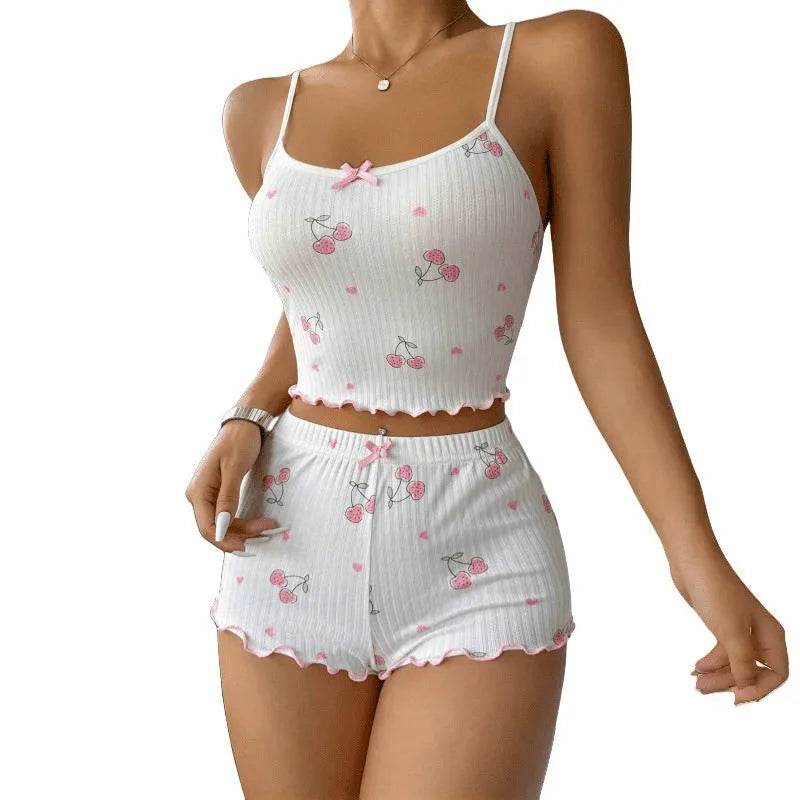 Sleepwear Women's Heart Print Sexy Strap Vest Shorts Home Clothes Set Polyester Fiber Medium Weight Sleeveless