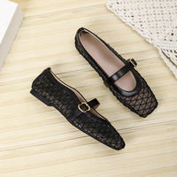 Fishnet Ballet Flats Square Toe Breathable Hollow Mesh Sandals Casual and Comfortable Mary Jane Shoes