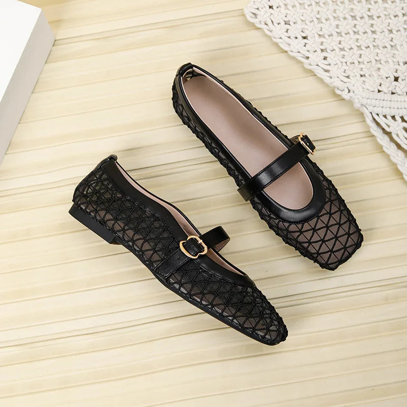 Fishnet Ballet Flats Square Toe Breathable Hollow Mesh Sandals Casual and Comfortable Mary Jane Shoes