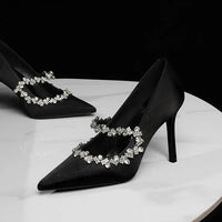 Elegant French Style High Heels Women's Satin Pointed Toe Shoes with Water Diamond Decoration Thin Heel Single Shoes