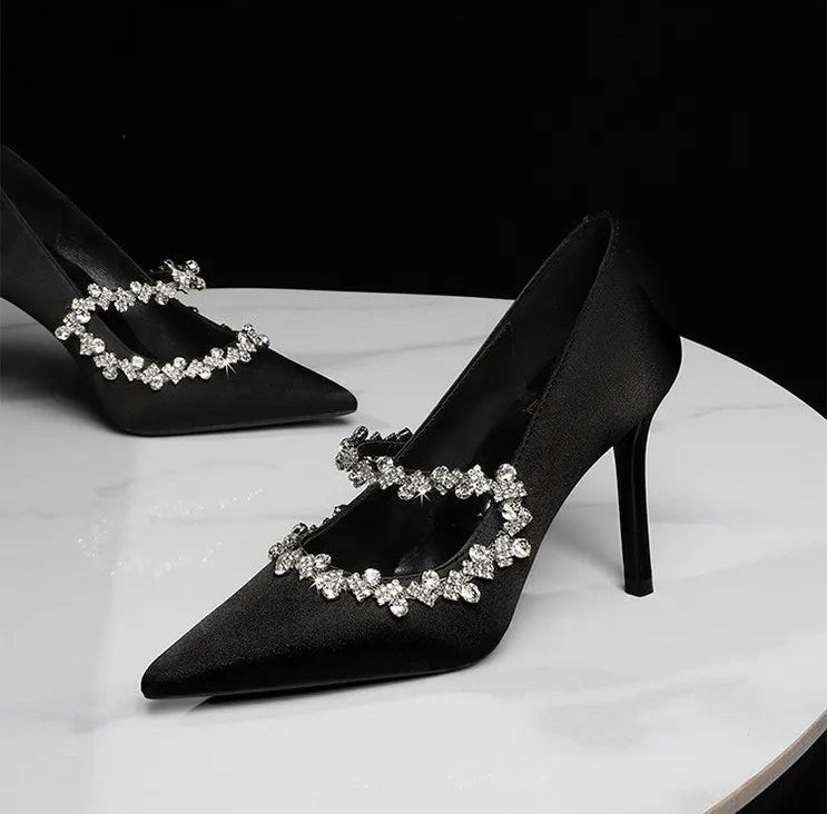 Elegant French Style High Heels Women's Satin Pointed Toe Shoes with Water Diamond Decoration Thin Heel Single Shoes