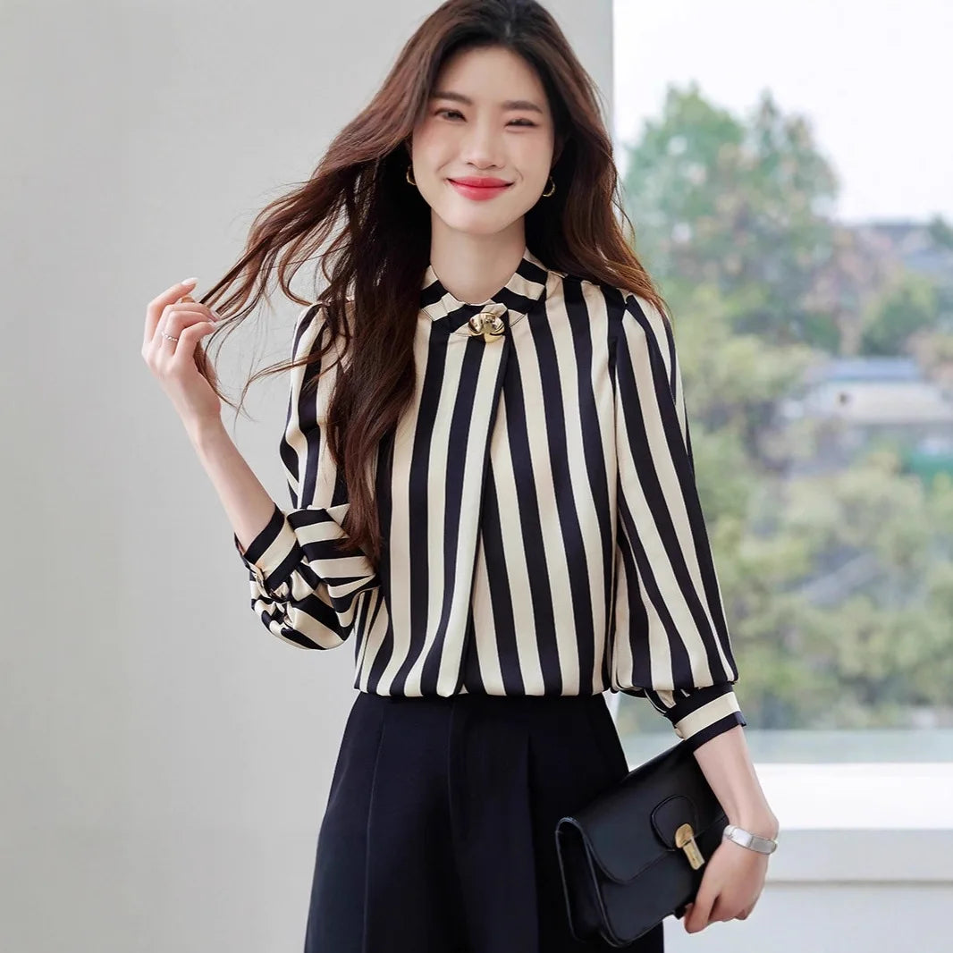 Elegant Commuter Long Sleeve Striped Shirt Women's Stand Collar Button up Polyester Fiber Straight Cut Fashionable Business wear