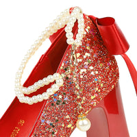 Pearl Chain Design Women Pumps Sequin Platform high heels Square head Thick heeled shoes with Women heels