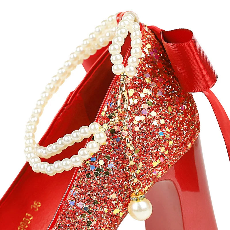 Pearl Chain Design Women Pumps Sequin Platform high heels Square head Thick heeled shoes with Women heels
