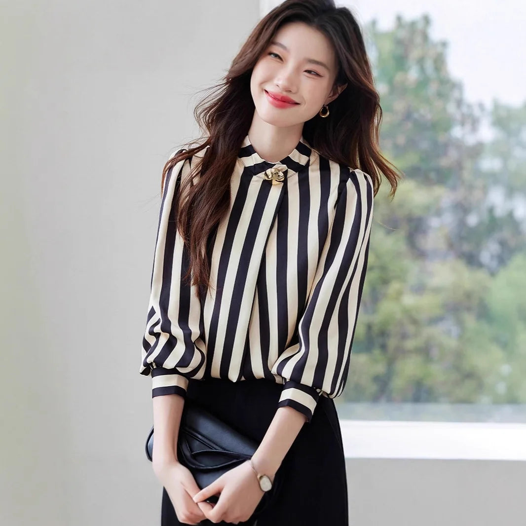 Elegant Commuter Long Sleeve Striped Shirt Women's Stand Collar Button up Polyester Fiber Straight Cut Fashionable Business wear