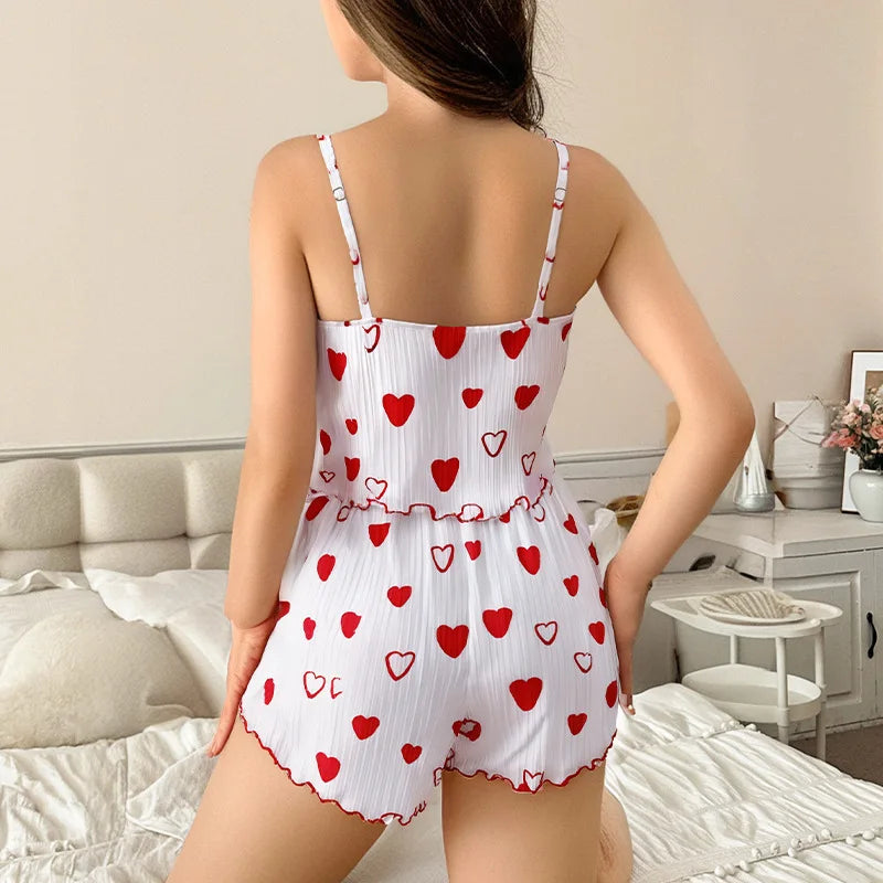 Cute Pajamas For Women Strawberry Print PJ Set Crop Cami Tops And Shorts Set 2 Piece Lounge Sets