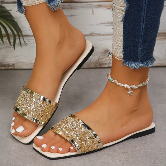Summer Sandals Women Flat Sandals Shoes Female Designer Square Toe Bling Luxury Slippers Women Shoes for Women Natalia Home Fashion    Natalia Home Fashion