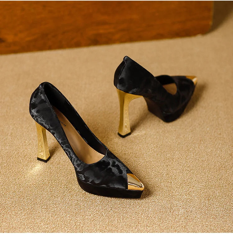 Fashion Women's Shoes Thin Block Heels 11cm Pointed Toe Shallow Mouth Ladies Pumps Party Shoes