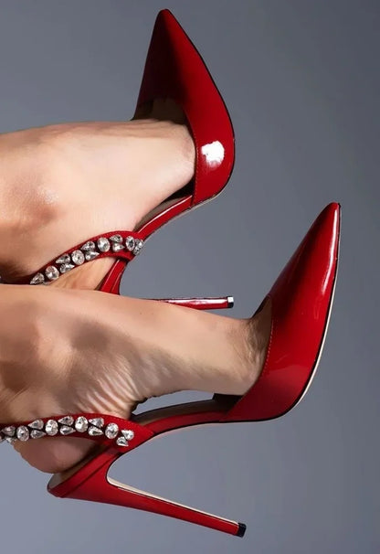 Rhinestone Shine Back Strap Pumps Pointed Toe Patent Leather High Heels Women Stiletto Heel Shallow Sandal - Natalia Home Fashion