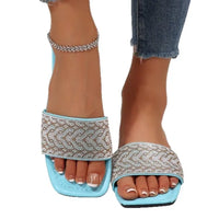Women's Sandals Flat Bottom Slip-On Shoes Crystal Shiny Sequin Style Square Head Open-Toe Flat Heels