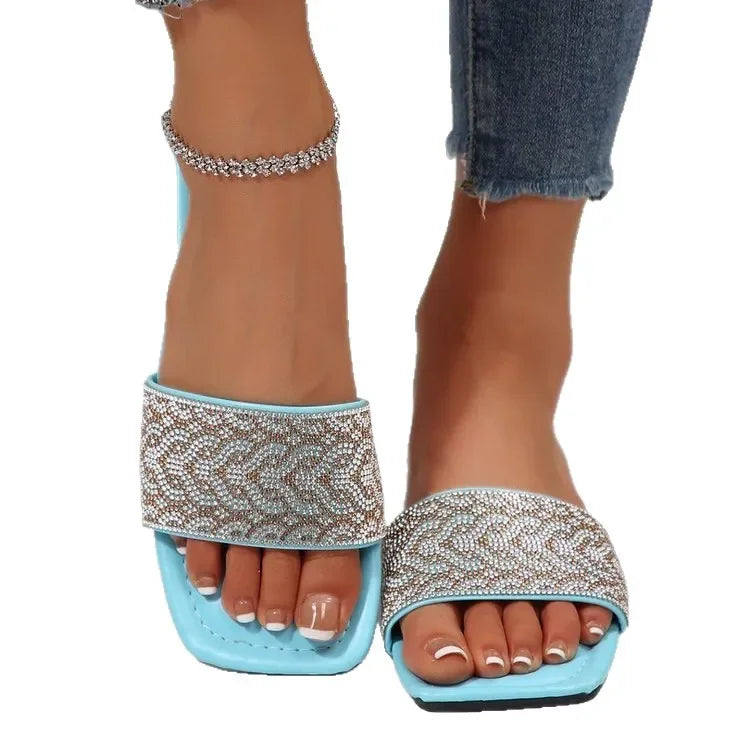 Women's Sandals Flat Bottom Slip-On Shoes Crystal Shiny Sequin Style Square Head Open-Toe Flat Heels