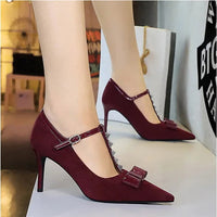 Banquet Bow Rivet T-button Pointed Head High Heel Women's Single Shoes