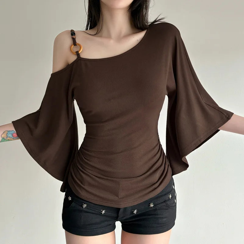 Retro Spice Girl T-shirt Collar Pleated Off Shoulder Beaded Slanted Short Sleeved Summer Casual Slimming Fit Top for Women