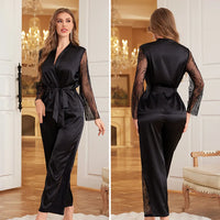 Sexy Lace Patchwork 2PCS Pajamas Set Loungewear Spring New Long Sleeve Trouser Pajamas Suit Loose Silky Home Clothes Lingerie