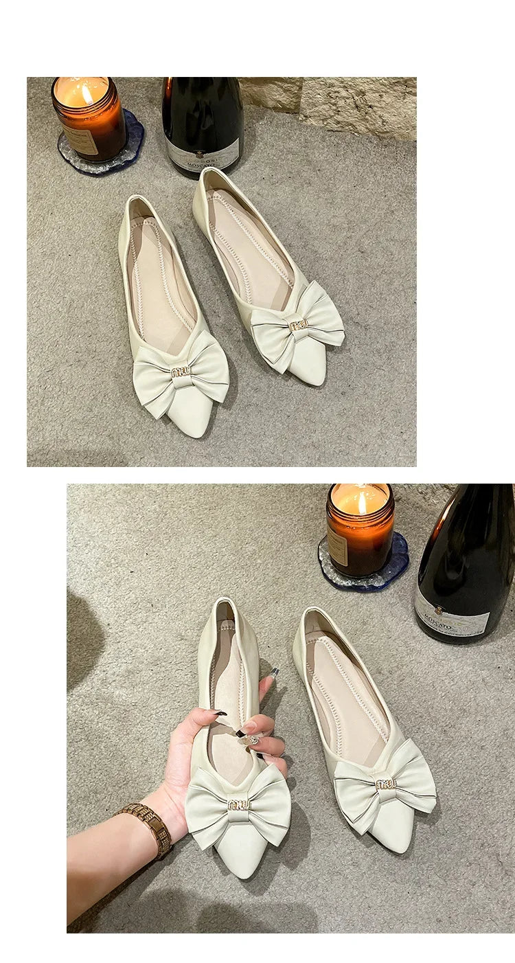 Soft Bottom Flat Casual Women's Shoes Butterfly Knot Slip-On Simple Design Shoes  Synthetic Leather