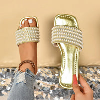 Women Luxury Pearl Slippers Square Toe Beach Flat Sandals Comfortable Non Slip Slippers  Slides Women