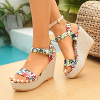 Bohemian Thick Heel Platform Sandals Women's Flip Flops Flower Ribbon Beach Shoes Comfortable round Toe Roman Style