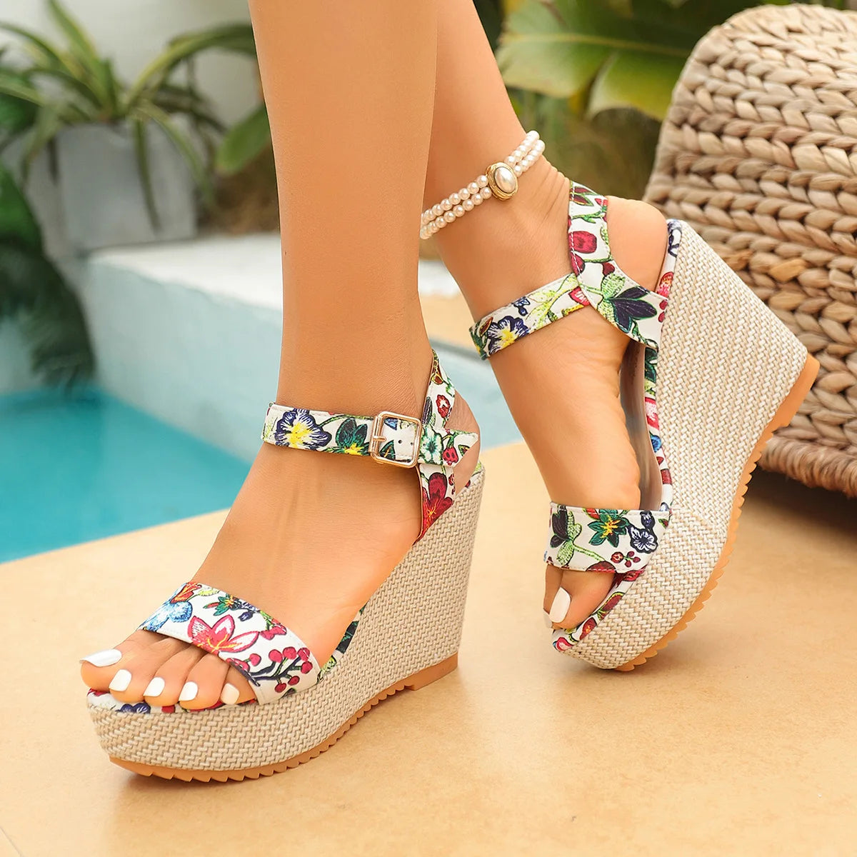 Bohemian Thick Heel Platform Sandals Women's Flip Flops Flower Ribbon Beach Shoes Comfortable round Toe Roman Style