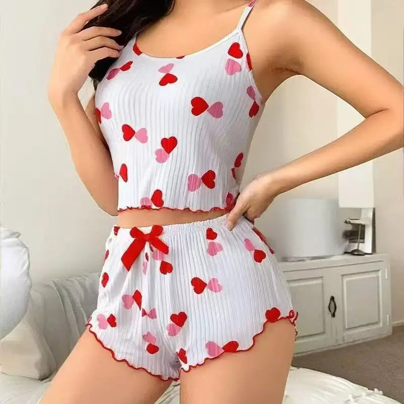 Cute Pajamas For Women Strawberry Print PJ Set Crop Cami Tops And Shorts Set 2 Piece Lounge Sets