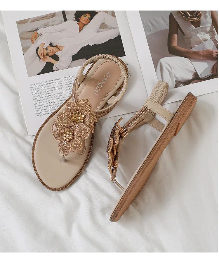 Womens Bohemian Floral Rhinestone Sandals Elegant Crystal Flower Décor Elastic Ankle Strap Soft Cushioned Insole Non Slip Sole