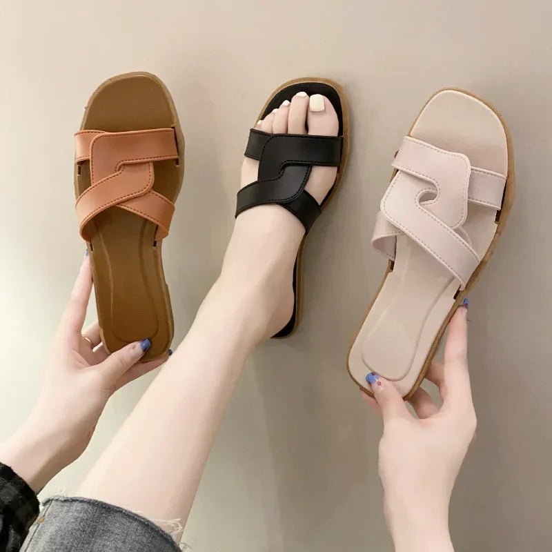Women's Flat Beach Slippers Cross Band Fashionable Outdoor Wear PVC Home Slippers Macaron Color Sandals Comfortable - Natalia Home Fashion