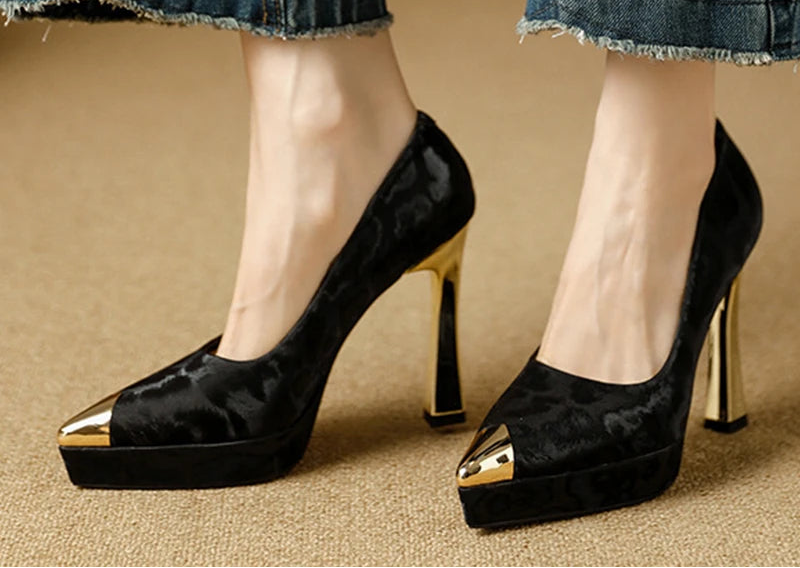Fashion Women's Shoes Thin Block Heels 11cm Pointed Toe Shallow Mouth Ladies Pumps Party Shoes