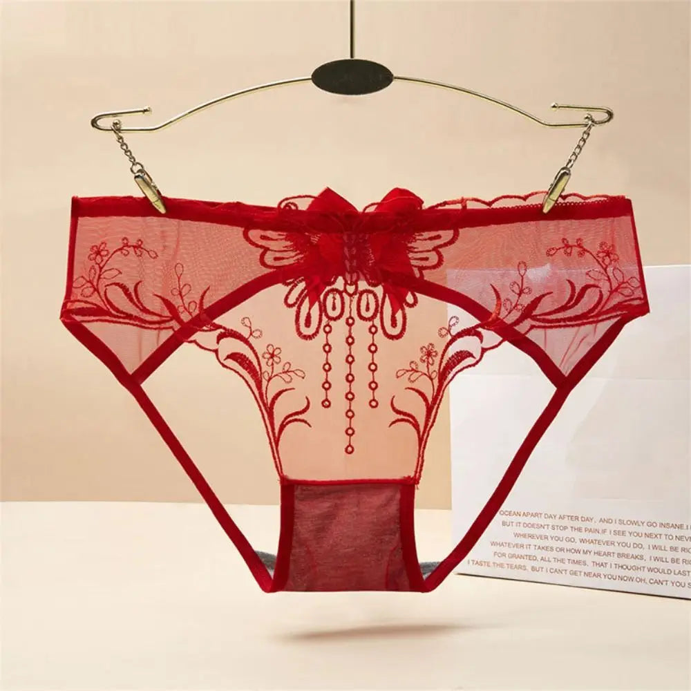 Low Waist Bowknot Lace Hollow Briefs Thin Leaf Flower Mesh Transparent Panties Underpants Open Cotton Crotch