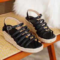 Bohemian Summer Vintage Thick Heel Woven Open Toe Roman Sandals Women's Shoes Ultra-Fibrous Quilted Roman Stilettos
