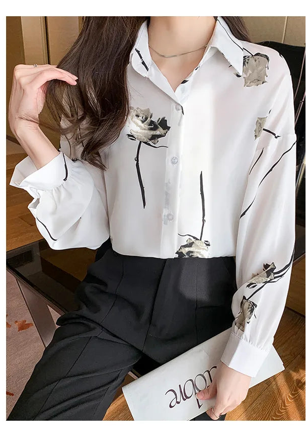 Women's Blouse Long Sleeve Rose Printed Fashionable Chiffon Shirt Long Sleeve Top