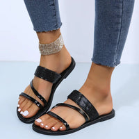 Women's Fashion Patent Leather Flat Heel Sandals Bling Rhinestone Narrow Band Beach Casual Slippers