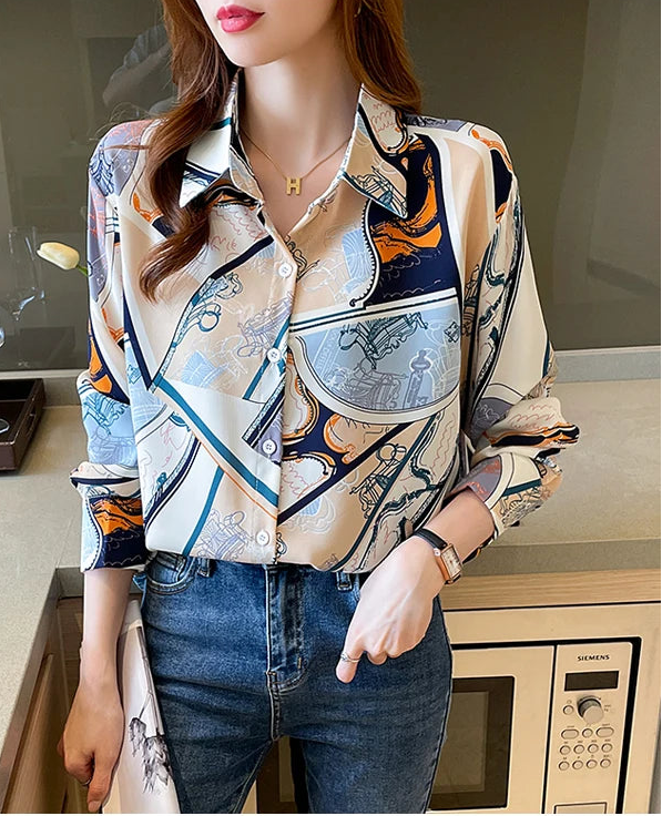Chiffon Allover Printed Women's Blouses High Quality Long Sleeve Single Breasted Spring Summer Casual Lady Blouses