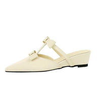 French Wedge Heel Pointed Head Sandals Versatile Bow Medium Heel Half Slippers Women