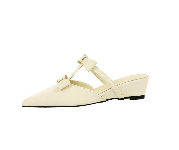 French Wedge Heel Pointed Head Sandals Versatile Bow Medium Heel Half Slippers Women