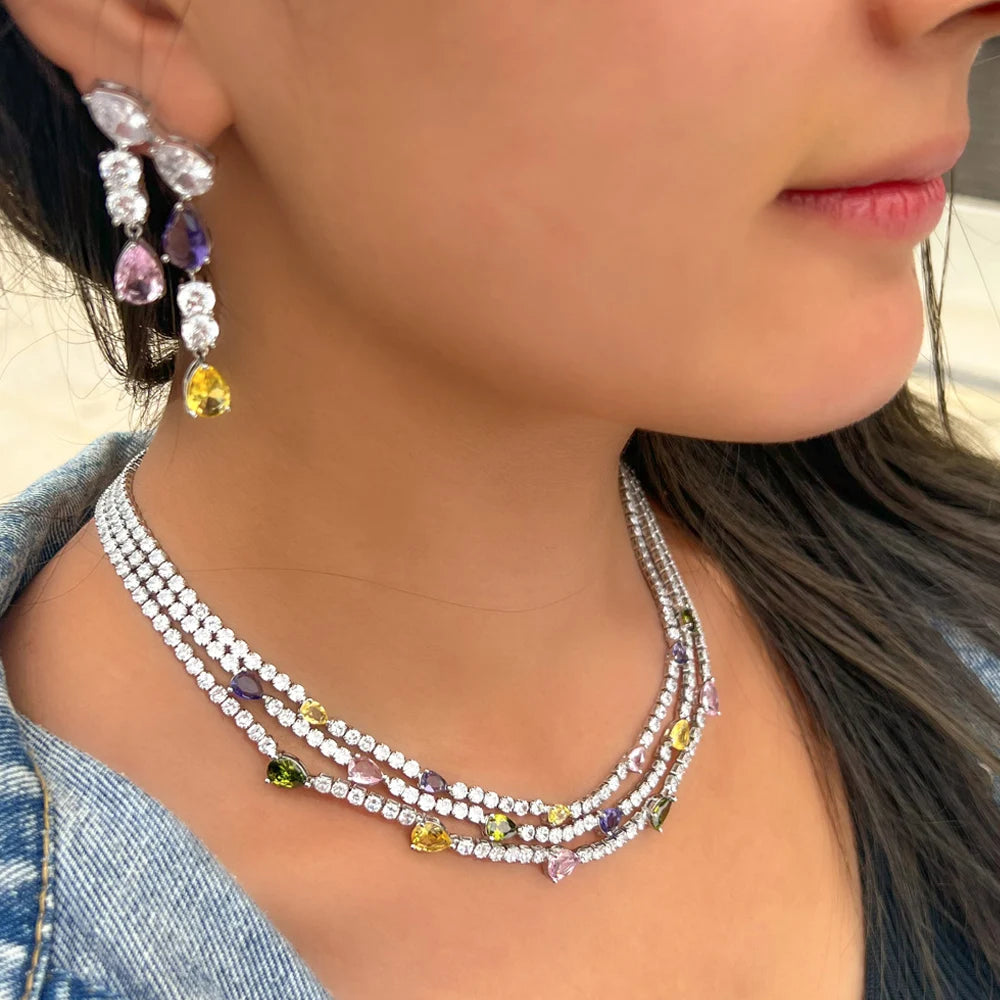 ThreeGraces Shiny Colorful Cubic Zirconia 3 Rows Multi Layer Bridal Wedding Choker Necklace Earrings Jewelry Set for Women TZ784 Natalia Home Fashion    Natalia Home Fashion