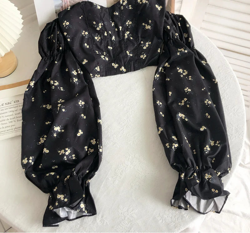 Chic Crop Tops Blouses Women Sexy Lady Slash Neck Flare Sleeve Floral Sweet Long Sleeve Crop top Shirts