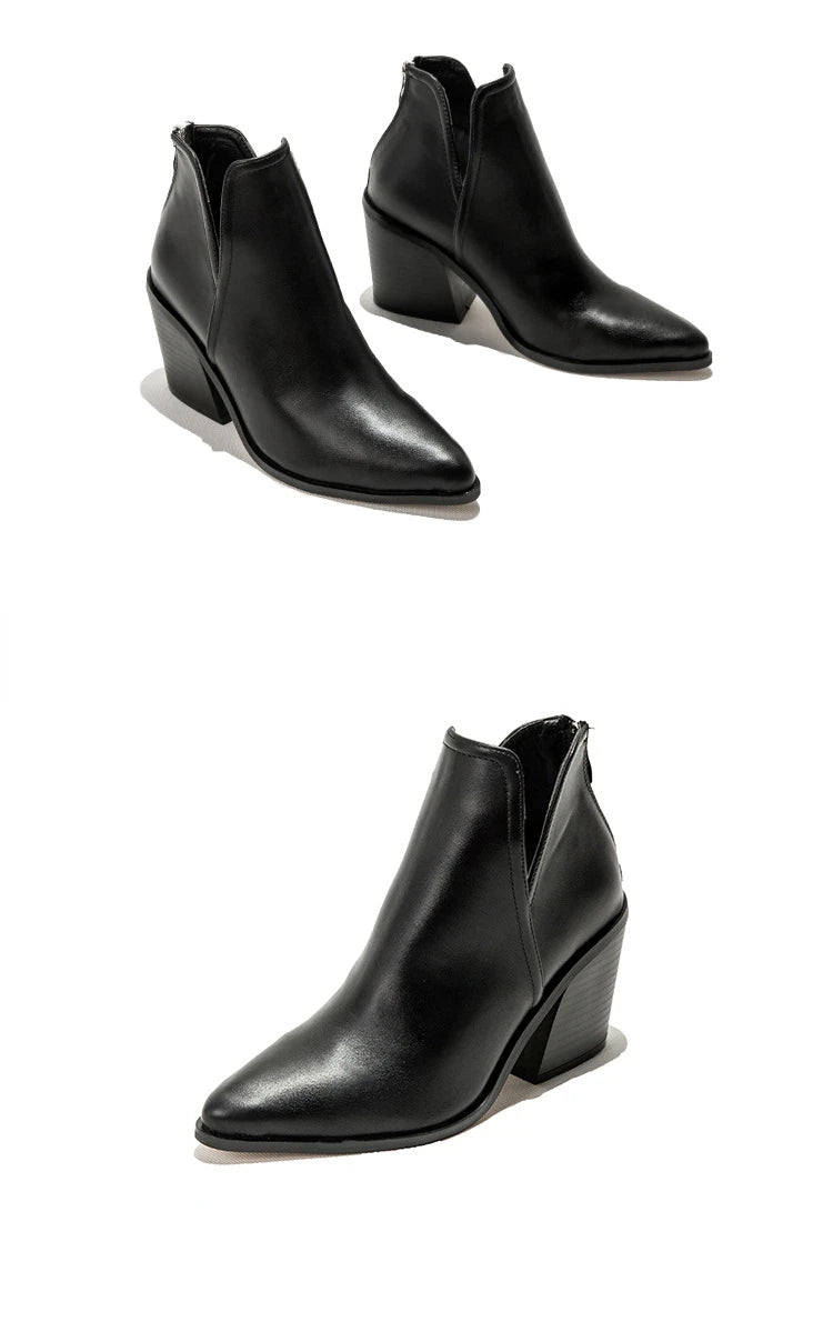 Boots Women Ankle Leopard Mid Heel Shoes Female Slip-On Casual Black Square Heel Booties