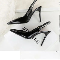 Fashion Women Pointed Toe Patent Leather High Heels Shallow Vamp Rhinestone Decorated Backless Strap Dress Shoes