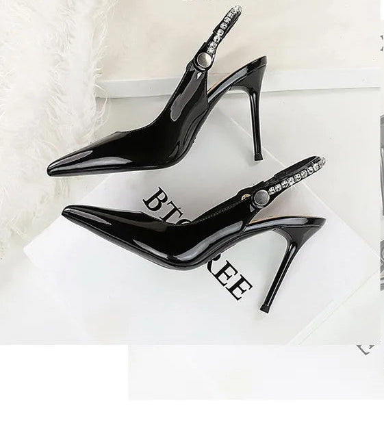 Fashion Women Pointed Toe Patent Leather High Heels Shallow Vamp Rhinestone Decorated Backless Strap Dress Shoes