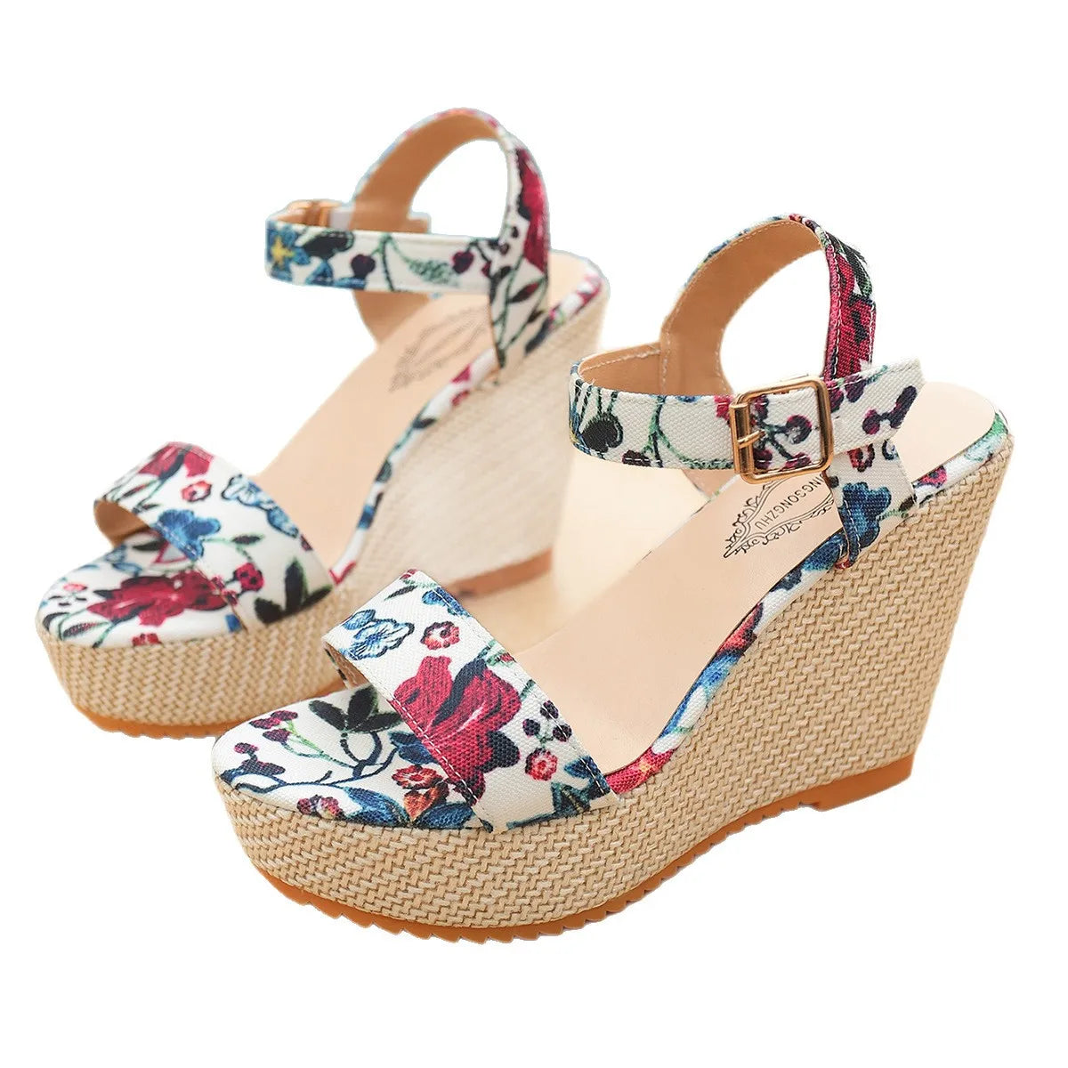 Bohemian Thick Heel Platform Sandals Women's Flip Flops Flower Ribbon Beach Shoes Comfortable round Toe Roman Style