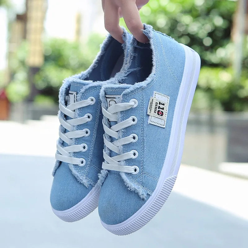 Women Canvas Sneaker Low Top Denim Sneakers Ladies Lace-Up Flat Canvas  Board Shoes Female