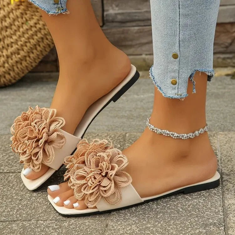 Women's Casual Floral Sandals Flat Bottom Beach Slippers Fashionable Comfortable PU Leather Outerwear Rubber Sole - Natalia Home Fashion