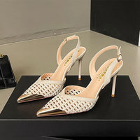 Elegant Hollow Out Woven Stiletto Sandals Women Pointed Toe Metal Straps High Heels