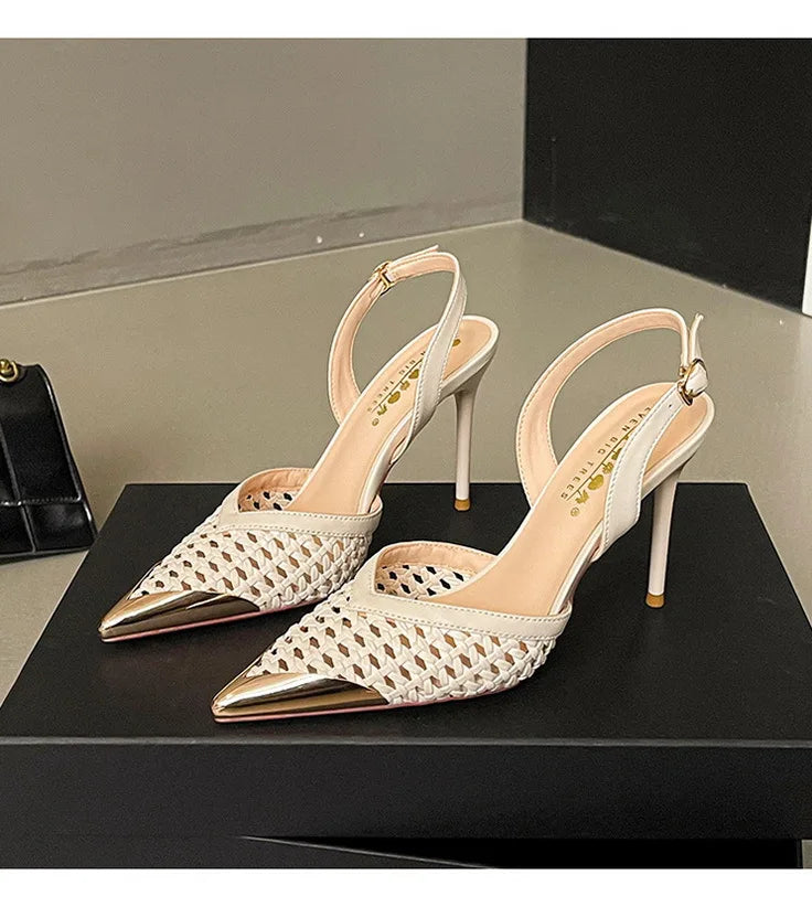 Elegant Hollow Out Woven Stiletto Sandals Women Pointed Toe Metal Straps High Heels
