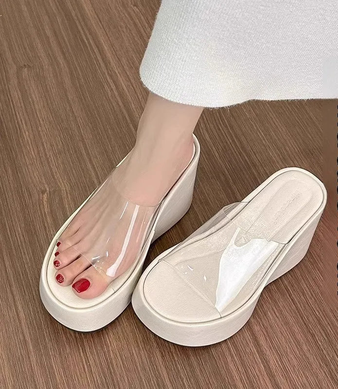 Thick Heel Platform Sandals Women's Summer Casual round Head PVC Material Beach Slippers Transparent Strap Casual Slip-On Shoes