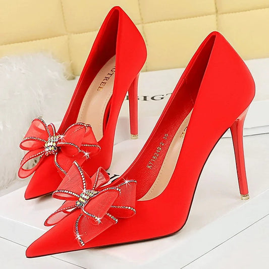 Rhinestone lace bowknot Women Pumps silks and satins High Heels Women Wedding shoes Sexy party shoes stilettos
