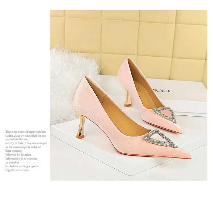 Designer Women Heels Prom Pumps Lady Velvet Pointed Toe 7cm Thin High Heels Pearl Crystal Buckle Shoes