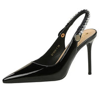 Fashion Women Pointed Toe Patent Leather High Heels Shallow Vamp Rhinestone Decorated Backless Strap Dress Shoes