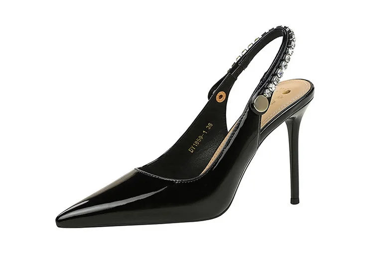 Fashion Women Pointed Toe Patent Leather High Heels Shallow Vamp Rhinestone Decorated Backless Strap Dress Shoes
