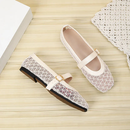Fishnet Ballet Flats Square Toe Breathable Hollow Mesh Sandals Casual and Comfortable Mary Jane Shoes